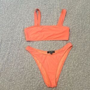 MISSGUIDED High Leg Waisted Coral Orange Bikini 6 8
